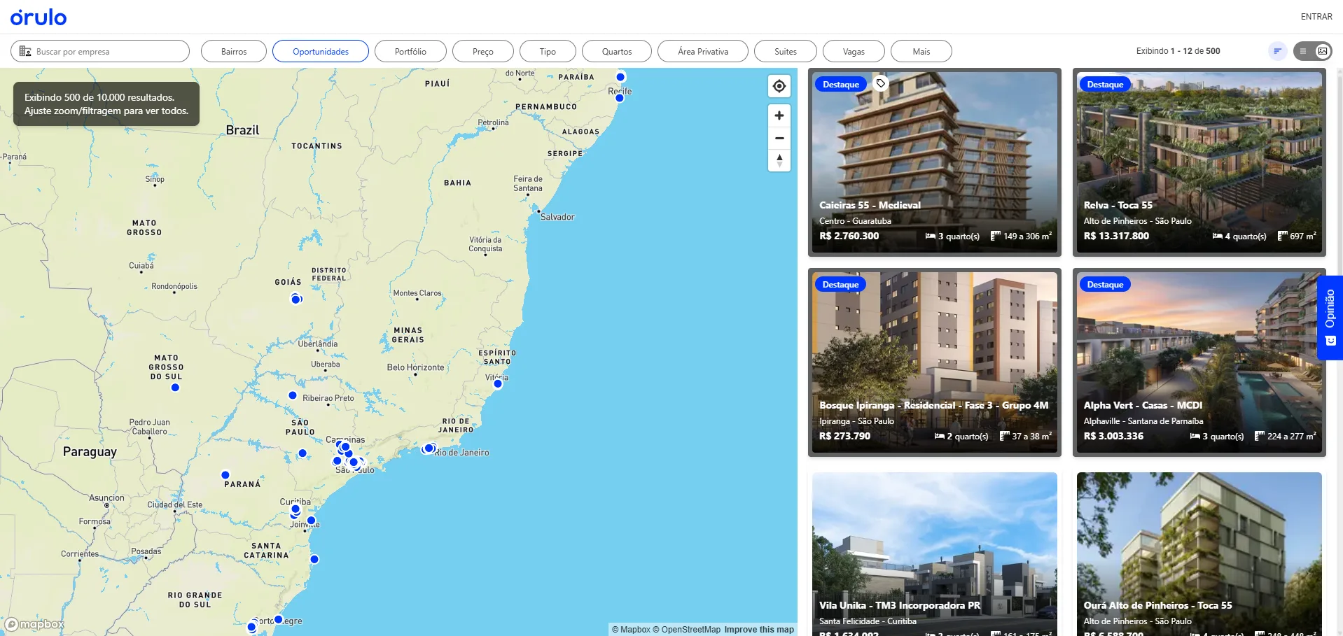 Tela do Portal Órulo exibindo o mapa de empreendimentos no Brasil ao lado da listagem de lançamentos Tela do Portal Órulo exibindo o mapa de empreendimentos no Brasil ao lado da listagem de lançamentos